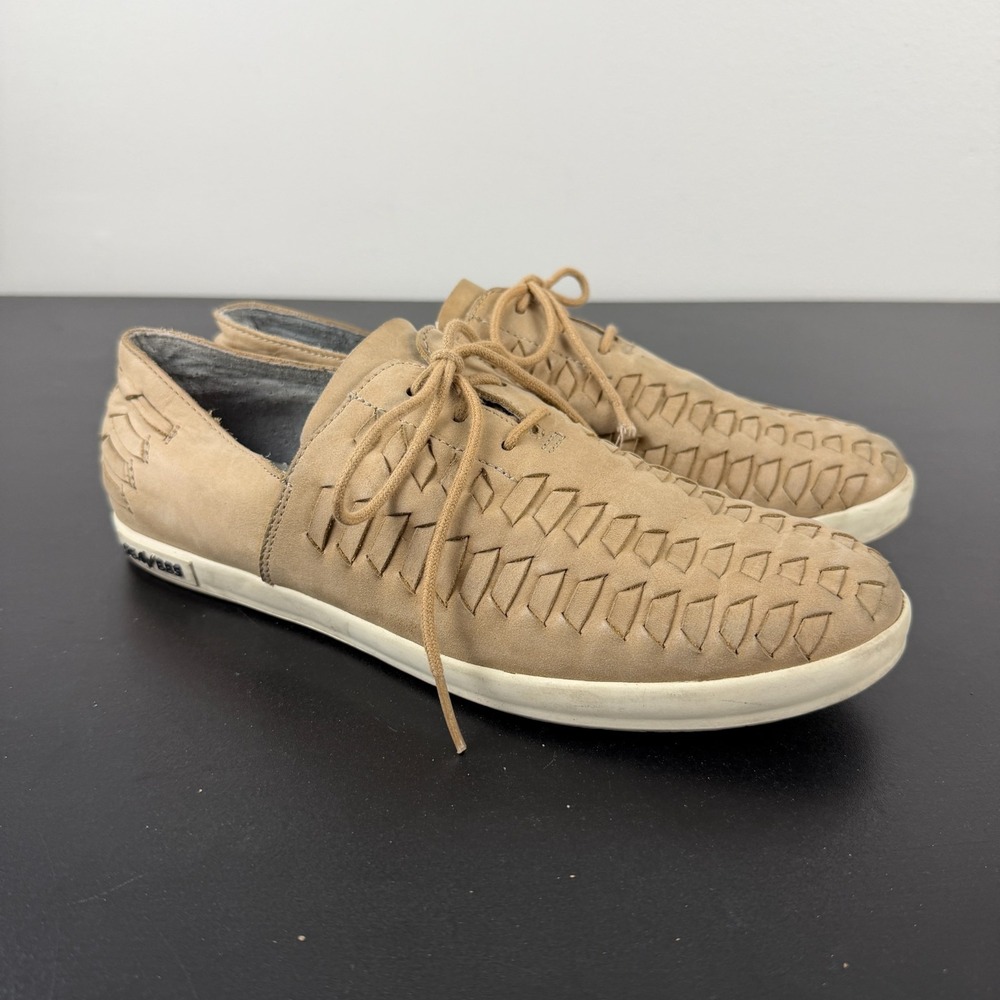 SeaVees Huarache Sneakers Women's 8.5 Beige Linen Leather Low Top Lace-Up Casual